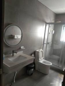 een badkamer met een wastafel, een toilet en een spiegel bij City Centre Hotel in Walvis Bay