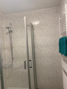 a shower in a bathroom with a glass door at Rezas Restaurant Gästehaus in Oberbillig