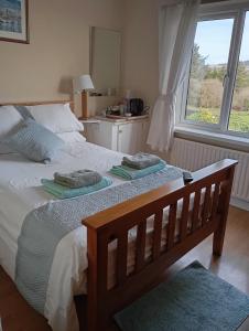 a bedroom with a bed with two towels on it at Room in Bungalow - Very Nice View With This Room in Sneem
