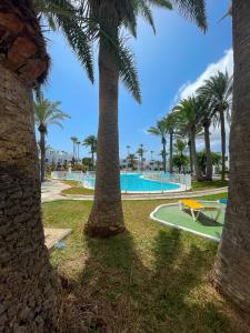 a view of the pool from between two palm trees at Los Barqueros 25 by Best Holidays Fuerteventura in Corralejo