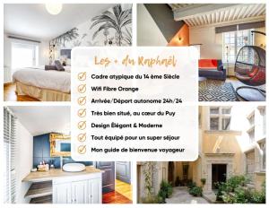 a collage of photos of a room with a flyer at Le Raphaël in Le Puy-en-Velay