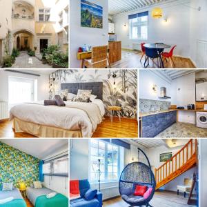 a collage of photos of a bedroom and a living room at Le Raphaël in Le Puy-en-Velay