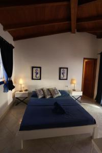 a bedroom with a large bed with blue sheets and pillows at L' Ancora - Room With Exclusive Pool And Terrace in Palmeira