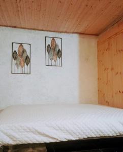 a bed in a room with two pictures on the wall at Estúdio com Hidromassagem em casa com Pisicna e Churrsqueira in Santar