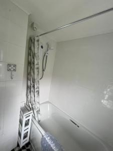 a bathroom with a shower with a shower curtain at California Beach Chalet in Great Yarmouth