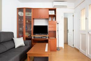 a living room with a couch and a tv at Casa El Muro in Vejer de la Frontera