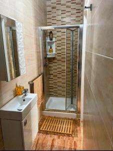 y baño con ducha y lavamanos. en Keba Guesthouse, en Addis Ababa