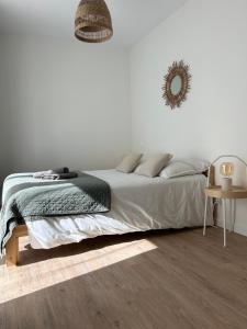 a bedroom with a bed and a mirror on the wall at Le patio : Appartement chic 3 chambres au cœur de Pau in Pau