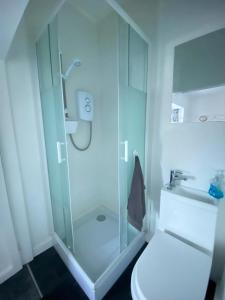 a bathroom with a shower and a toilet and a sink at Fionn House Darlington in Darlington