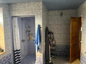 a bathroom with a shower and a tile wall at Ashtarak Nor Tun in Ashtarak