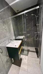a bathroom with a sink and a shower at Pokój dwuosobowy z prywatną łazienką Chrobry in Gorzów Wielkopolski