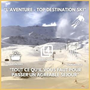 a poster of a ski slope with the words top destination at L'aventure Top destination ski in Aragnouet
