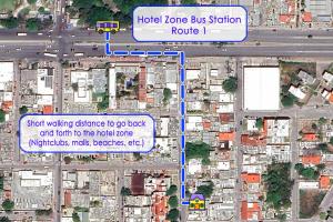 a map of the hotel zone bus stationroute at Aurora in Cancún