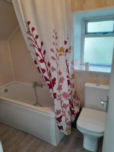 a bathroom with a tub and a toilet and a shower curtain at Singleton Short Stay Basic Loft Rooms in Swansea