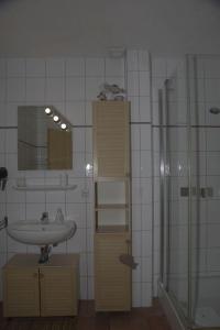 キュールングスボルンにあるFerienanlage-Reriker-Strasse-EG-links-9388のバスルーム(シンク、シャワー、鏡付)