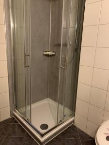 La salle de bains est pourvue d'une douche avec une porte en verre. dans l'établissement Yachthafenresidenz-Wohnung-8106-9412, à Kühlungsborn