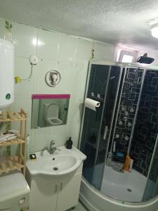 La salle de bains est pourvue d'une douche, d'un lavabo et de toilettes. dans l'établissement Portakal Çiçeği, à Sefaçamlık