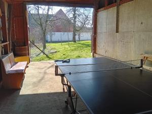 una mesa de ping pong en una habitación con ventana en Grashüpfer en Freiensteinau