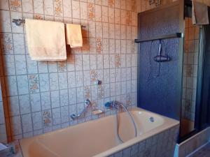 La salle de bains est pourvue d'une baignoire avec douche et d'une serviette. dans l'établissement Wildbiene, à Freiensteinau