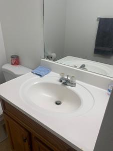 a bathroom with a white sink and a mirror at Sweet Home IN in Indianapolis