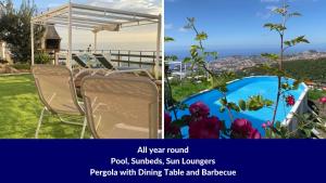 a collage of two pictures of a patio with a table and chairs at Studio Geek Villa - Open Space - 5m from 5 top attractions - Pool all year round, Dining Pergola, Barbecue - Funchal Matrix Holiday Home in Funchal