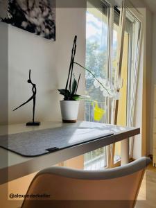 a desk with a potted plant and a window at Schönes und ruhiges Privatzimmer mit französischem Balkon in Munich