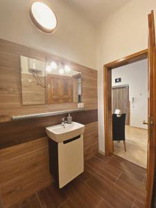 ein Badezimmer mit einem weißen Waschbecken und einem Stuhl in der Unterkunft Apartmán Sirius B in Budweis