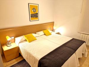 艾因薩的住宿－Sierco Apartamentos Ainsa，一间卧室配有一张带黄色枕头的大床