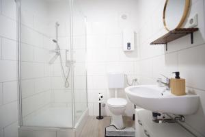 La salle de bains est pourvue d'un lavabo, de toilettes et d'une douche. dans l'établissement City center apartment, à Gelsenkirchen