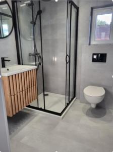 a bathroom with a shower with a toilet and a sink at Tiny House Finja in Stuer