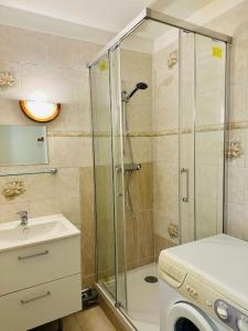 y baño con ducha, lavabo y lavadora. en Appartement lumineux près de Paris/Orly, en Courcouronnes