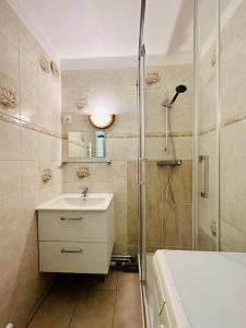 y baño con ducha y lavamanos. en Appartement lumineux près de Paris/Orly, en Courcouronnes