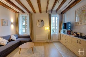 a living room with a couch and a tv at Le Saint Martin / Cathédrale in Tours