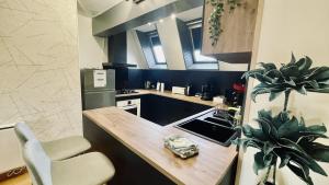 uma cozinha com um balcão com um lavatório e uma mesa em Bel appartement au coeur du quartier des artistes em Camaret-sur-Mer