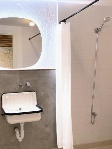 a bathroom with a sink and a shower with a mirror at Mañarinegi Apartamentos Rurales in Aia