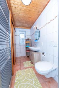 La salle de bains est pourvue de toilettes et d'un lavabo. dans l'établissement Haus am Wald, à Bad Kötzting