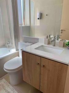 bagno con lavandino, servizi igienici e specchio di Departamento 3 piezas Centro Chillan - Parking - Vista - Factura a Chillán