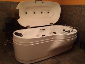 a bath tub with the lid up in a bathroom at Spring Hill Motel in Wisconsin Dells