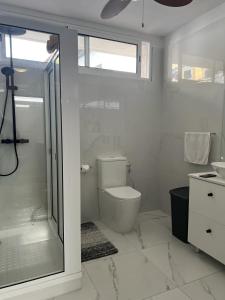 bagno bianco con servizi igienici e doccia di Villa Supranee 1 a Câmara de Lobos