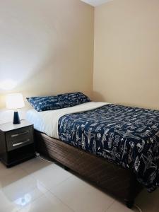 a bedroom with a bed and a lamp on a nightstand at Tranquil Room in Apartment in Lusaka