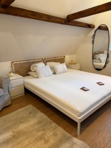 1 dormitorio con 1 cama grande y espejo en V Údolí, en Jablonné v Podještědí