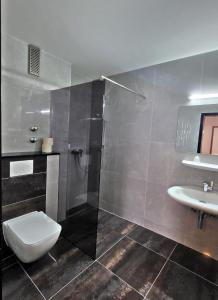 ein Badezimmer mit Toilette, Dusche und Waschbecken in der Unterkunft Concorde Hotel Ascot in Düsseldorf + 16 Fotos