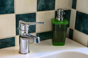 a green soap dispenser sitting on a bathroom sink at B&B Cadrecca Tra Terra Luna e Mare in Licciana Nardi