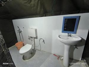 a bathroom with a toilet and a sink with a mirror at Tyakshi Summer Camp in Nubra