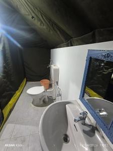 a bathroom with a white sink and a toilet at Tyakshi Summer Camp in Nubra