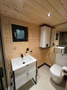 uma casa de banho com um lavatório branco e um WC. em W Sosnach em Tokarnia