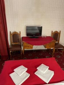 Pokój ze stołem, telewizorem i czerwonym kocem w obiekcie Mini Hotel Central Park w Lwowie
