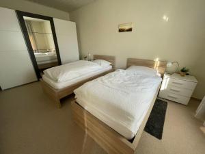 a bedroom with two twin beds and a mirror at Ferienwohnung Kiebitzheide in Beelen