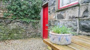 a red door and a potted plant in front of a building at Capel Bach in Llanystumdwy