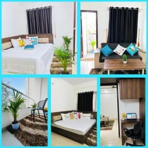 a collage of photos of a bedroom and a living room at DivBnK homes Bangalore in Bangalore